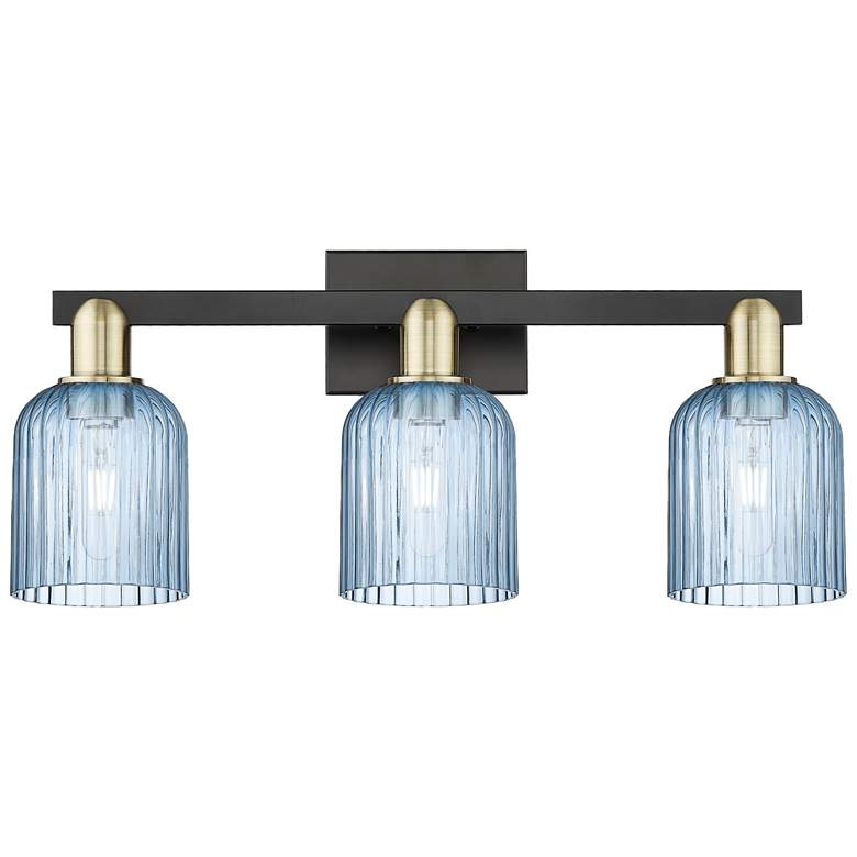 Image 1 Bridal Veil 24"W 3 Light Black Antique Brass Bath Light With Blue Shade