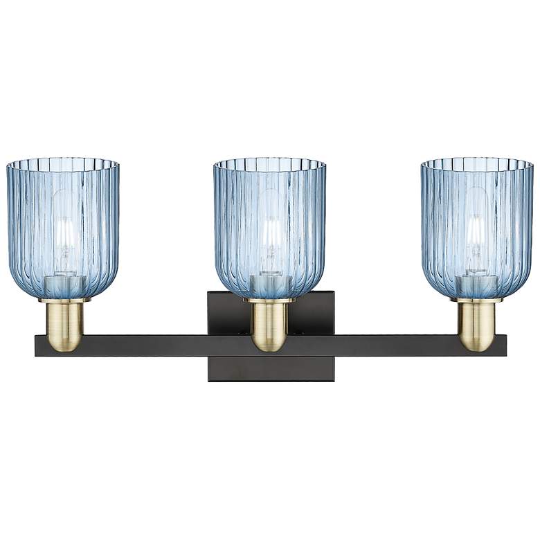 Image 2 Bridal Veil 24"W 3 Light Black Antique Brass Bath Light With Blue Shade more views