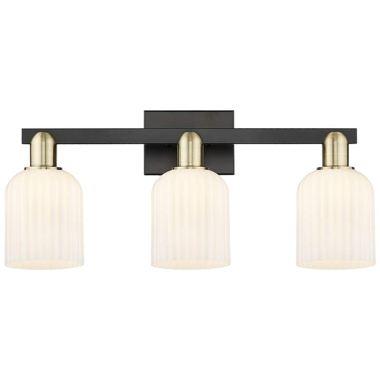 Image 1 Bridal Veil 24"W 3 Light Black Brass Bath Light With Gloss White Shade