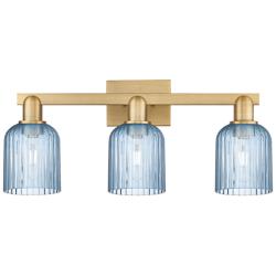 Bridal Veil 24"W 3 Light Brushed Brass Bath Light With Blue Shade