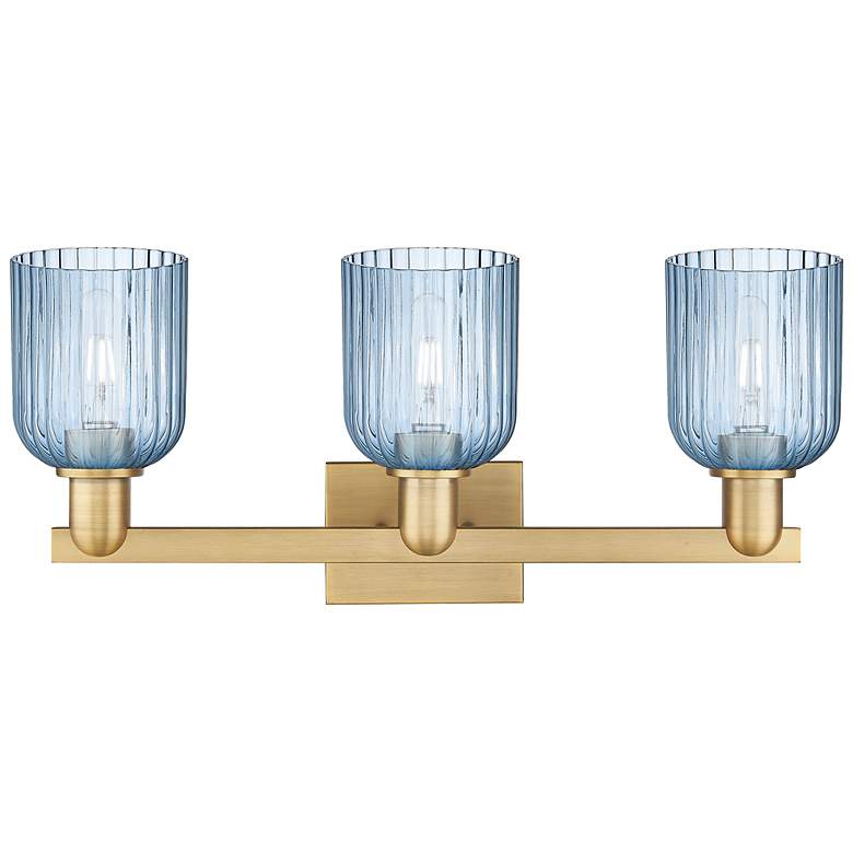 Image 2 Bridal Veil 24"W 3 Light Brushed Brass Bath Light With Blue Shade more views