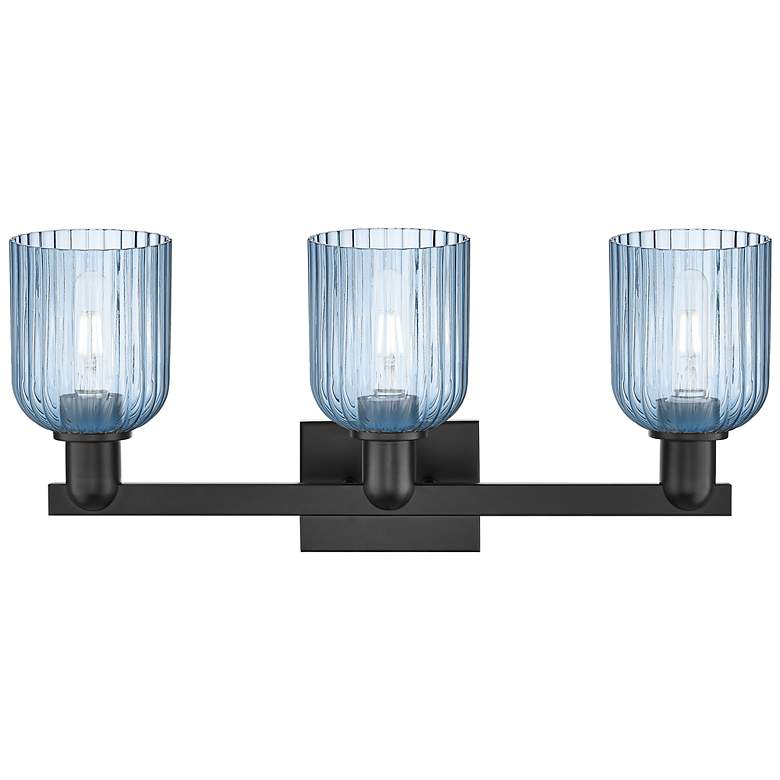 Image 2 Bridal Veil 24"W 3 Light Matte Black Bath Vanity Light With Blue Shade more views