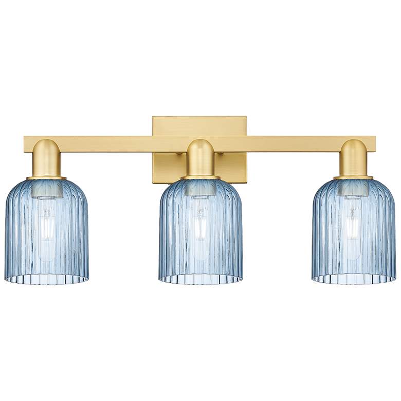Image 1 Bridal Veil 24"W 3 Light Satin Gold Bath Vanity Light With Blue Shade
