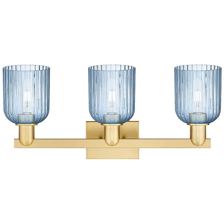 Image 2 Bridal Veil 24"W 3 Light Satin Gold Bath Vanity Light With Blue Shade more views