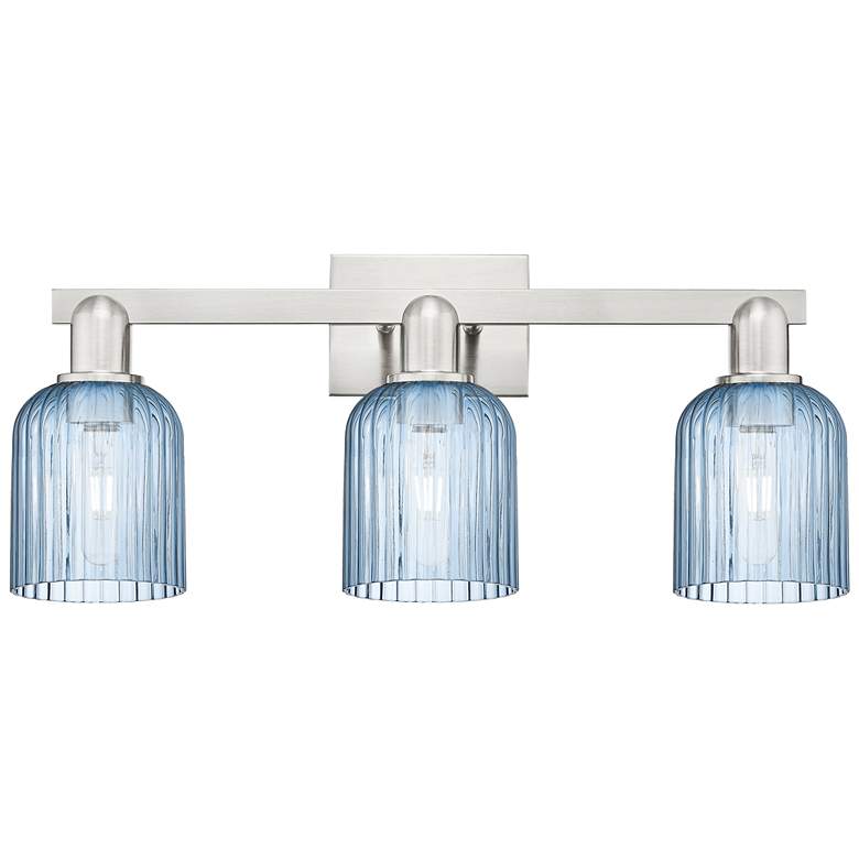 Image 1 Bridal Veil 24"W 3 Light Satin Nickel Bath Light w/ Blue Shade