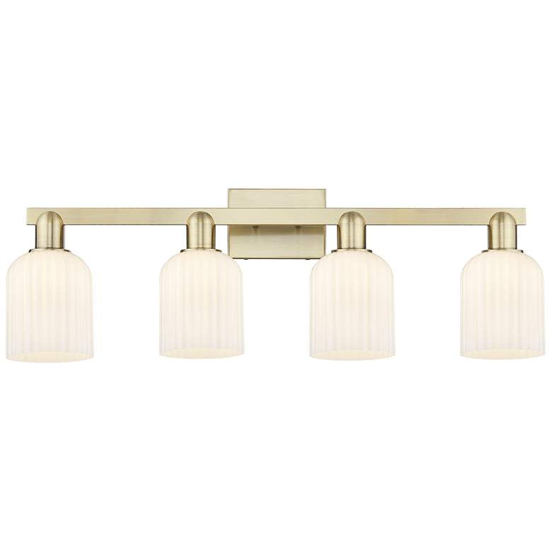 Image 1 Bridal Veil 32"W 4 Light Antique Brass Bath Light w/ Gloss White Shade