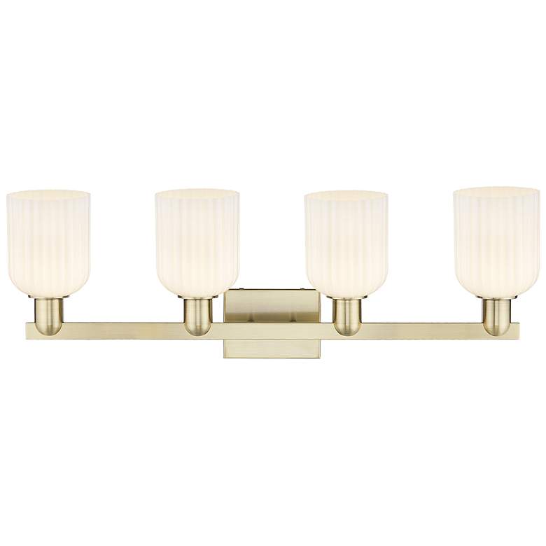 Image 2 Bridal Veil 32"W 4 Light Antique Brass Bath Light w/ Gloss White Shade more views