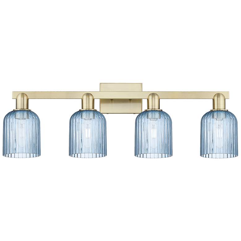 Image 1 Bridal Veil 32"W 4 Light Antique Brass Bath Light With Blue Shade