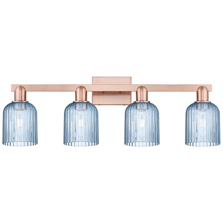 Image 1 Bridal Veil 32"W 4 Light Antique Copper Bath Light With Blue Shade