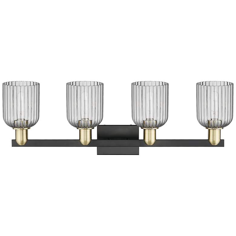 Image 2 Bridal Veil 32"W 4 Light Black Brass Bath Light With Light Smoke Shade more views
