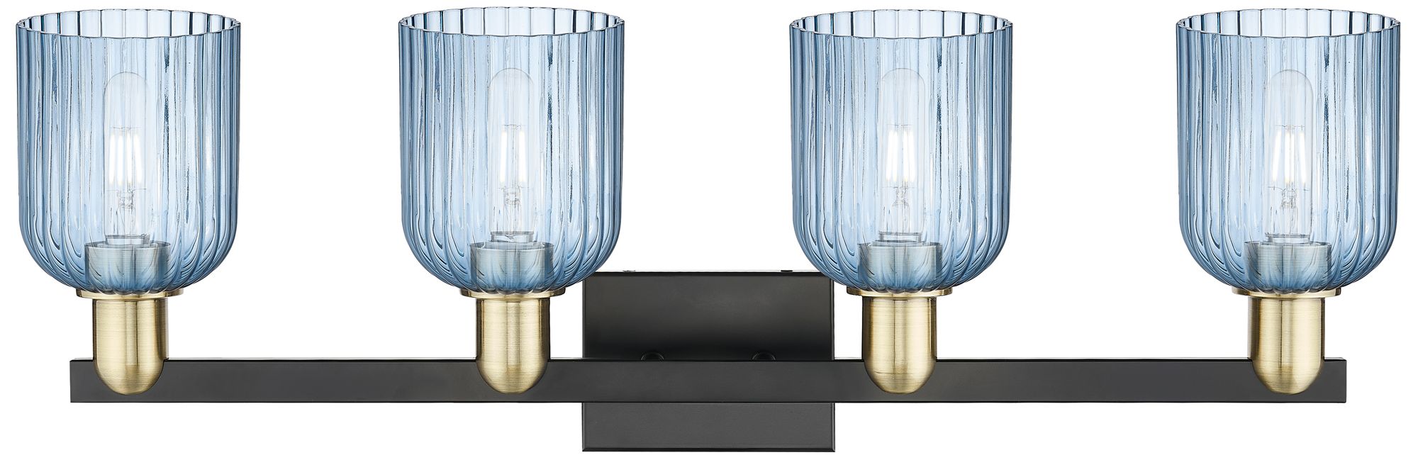 Image 2 Bridal Veil 32"W 4 Light Black Brass Bath Vanity Light w/ Blue Shade more views