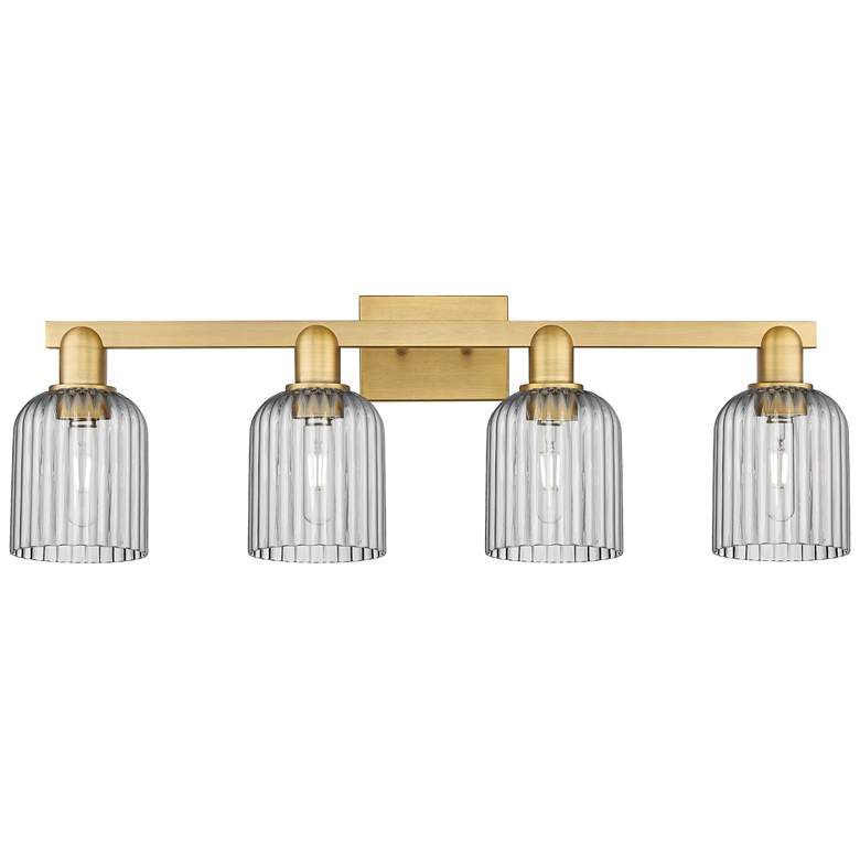 Image 1 Bridal Veil 32"W 4 Light Brushed Brass Bath Light w/ Light Smoke Shade
