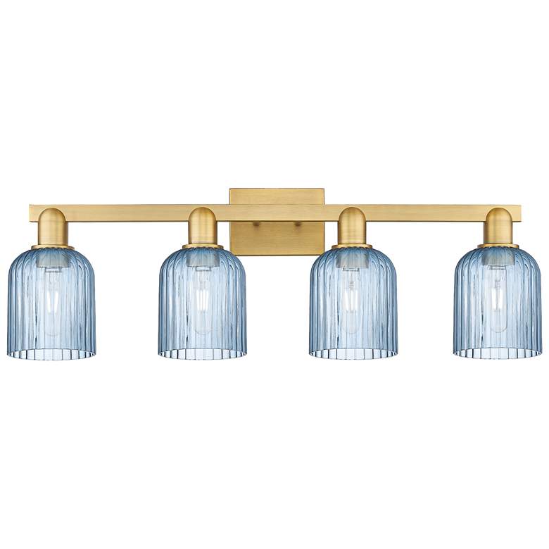 Image 1 Bridal Veil 32"W 4 Light Brushed Brass Bath Light With Blue Shade