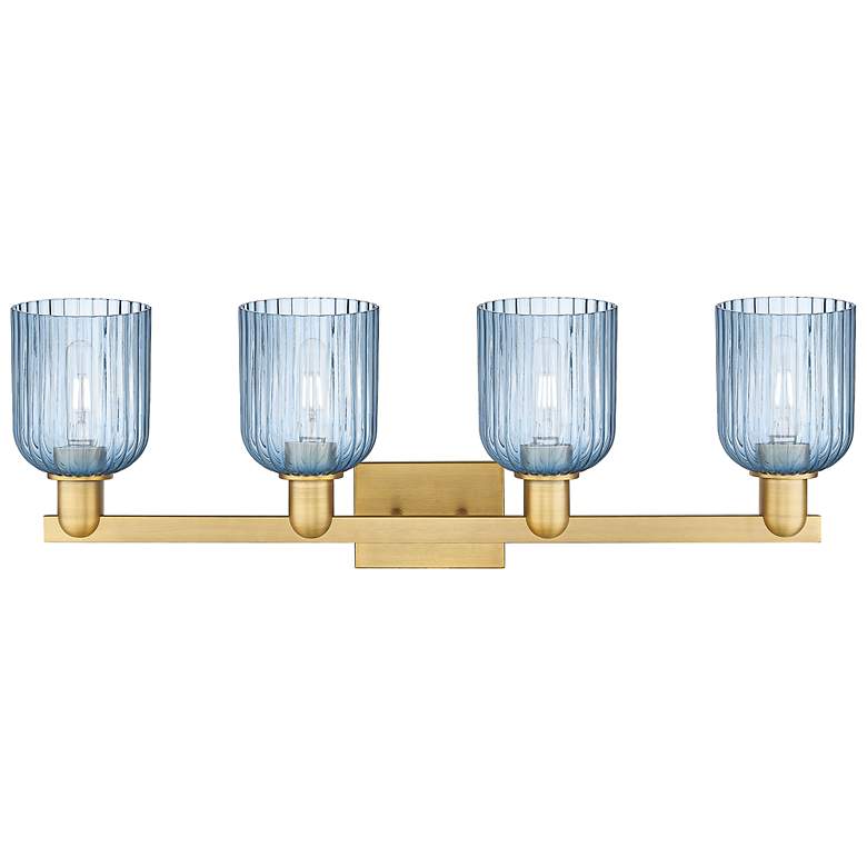 Image 2 Bridal Veil 32"W 4 Light Brushed Brass Bath Light With Blue Shade more views