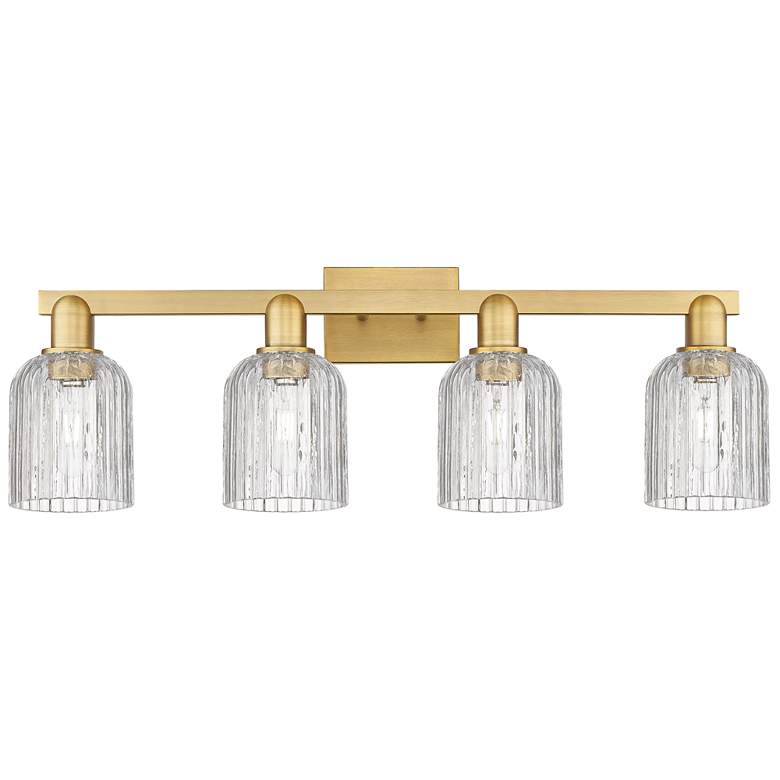 Image 1 Bridal Veil 32"W 4 Light Brushed Brass Bath Light With Clear Shade