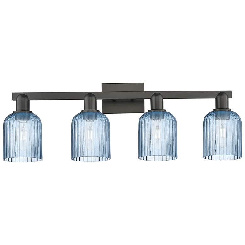 Image 1 Bridal Veil 32"W 4 Light Matte Black Bath Vanity Light With Blue Shade