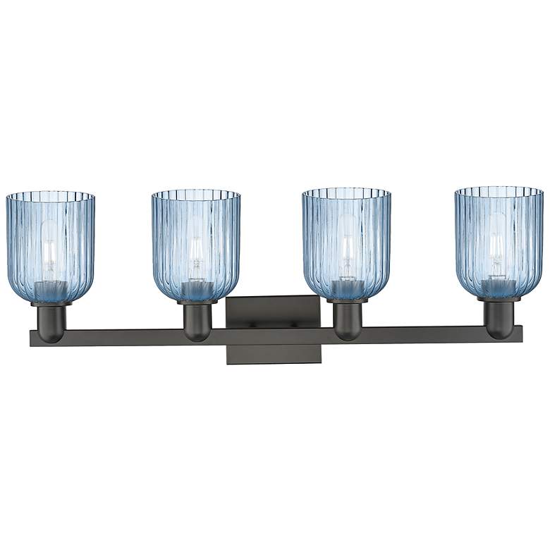 Image 2 Bridal Veil 32"W 4 Light Matte Black Bath Vanity Light With Blue Shade more views