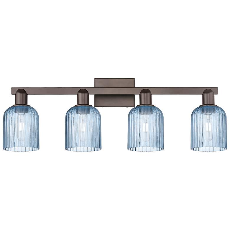 Image 1 Bridal Veil 32"W 4 Light Oil Rubbed Bronze Bath Light With Blue Shade
