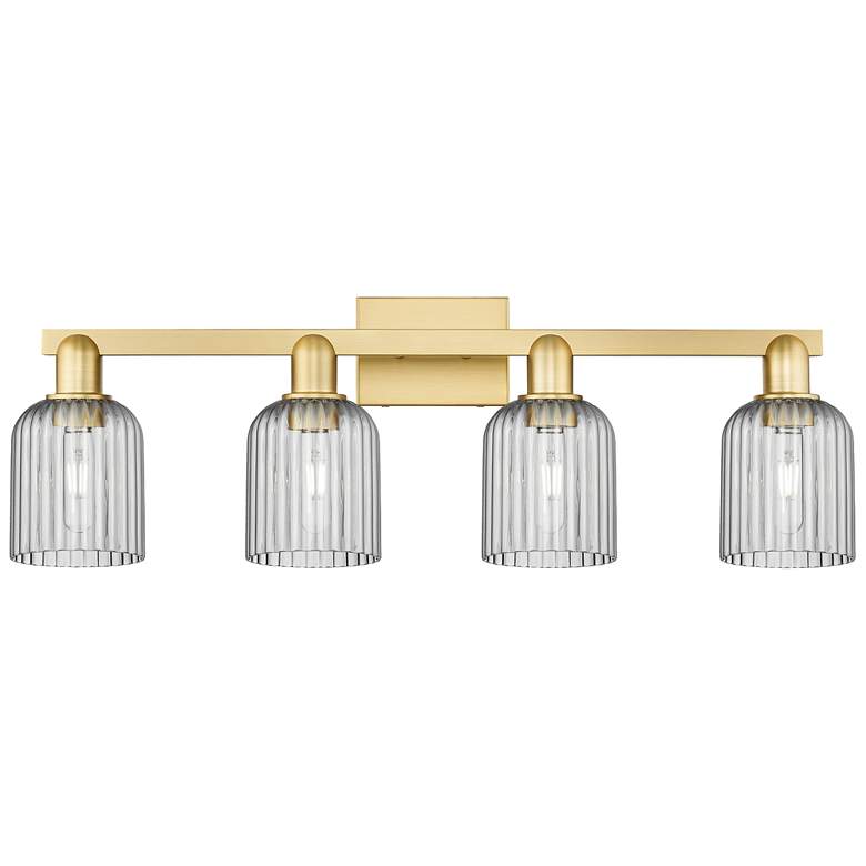 Image 1 Bridal Veil 32"W 4 Light Satin Gold Bath Light With Light Smoke Shade