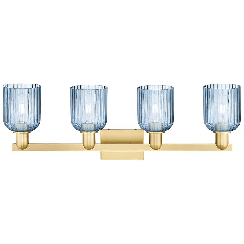 Image 2 Bridal Veil 32"W 4 Light Satin Gold Bath Vanity Light With Blue Shade more views