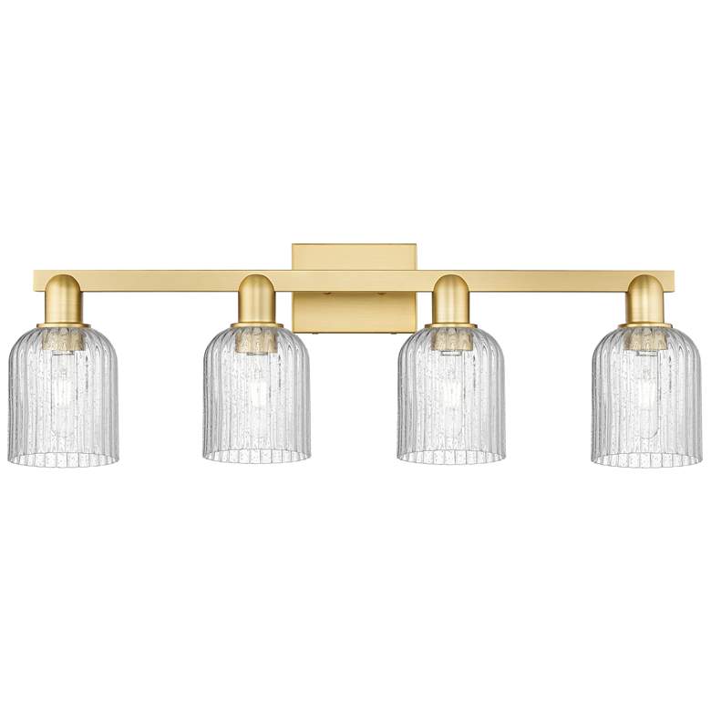 Image 1 Bridal Veil 32"W 4 Light Satin Gold Bath Vanity Light With Seedy Shade