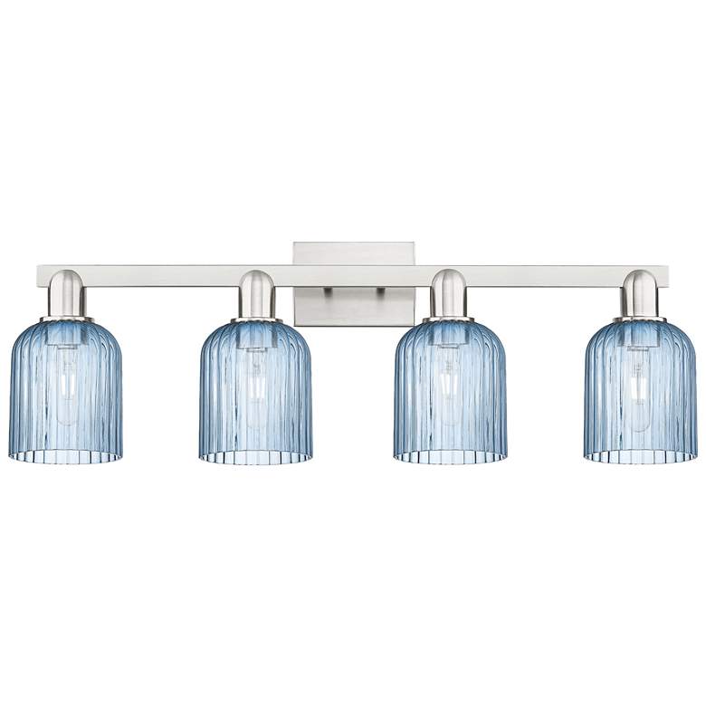 Image 1 Bridal Veil 32"W 4 Light Satin Nickel Bath Light w/ Blue Shade