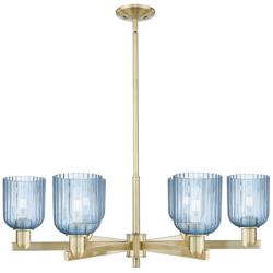 Bridal Veil 35"W 6 Light Antique Brass Stem Chandelier With Blue Shade