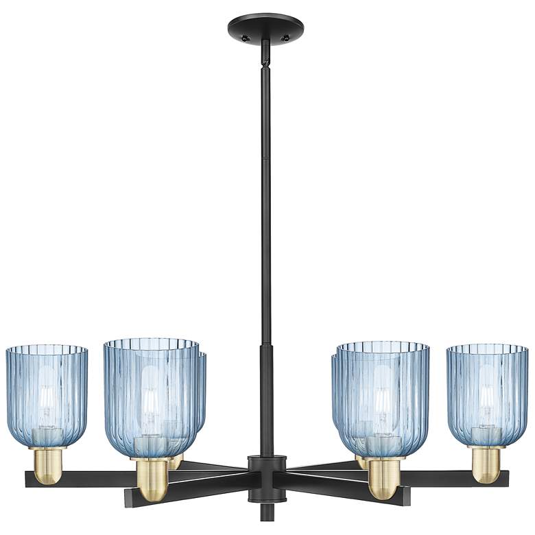 Image 1 Bridal Veil 35"W 6 Light Black Brass Stem Chandelier With Blue Shade