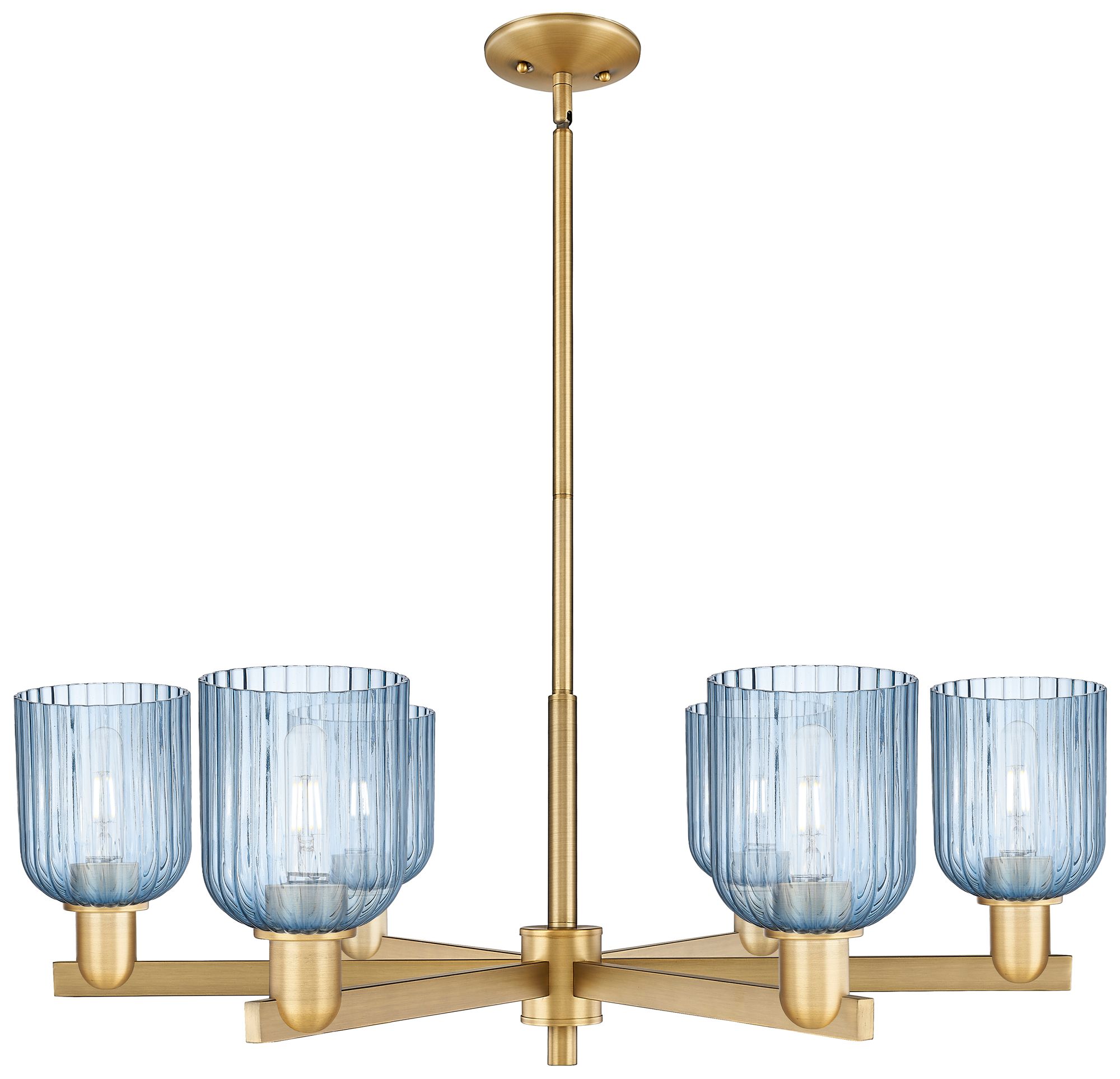 Bridal Veil 35"W 6 Light Brushed Brass Stem Chandelier With Blue Shade