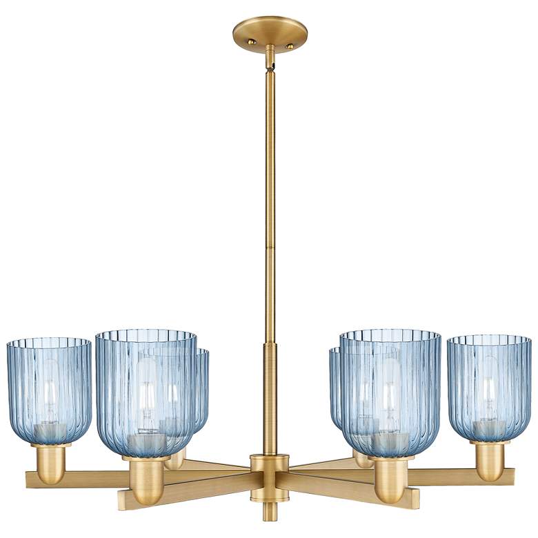 Image 1 Bridal Veil 35"W 6 Light Brushed Brass Stem Chandelier With Blue Shade