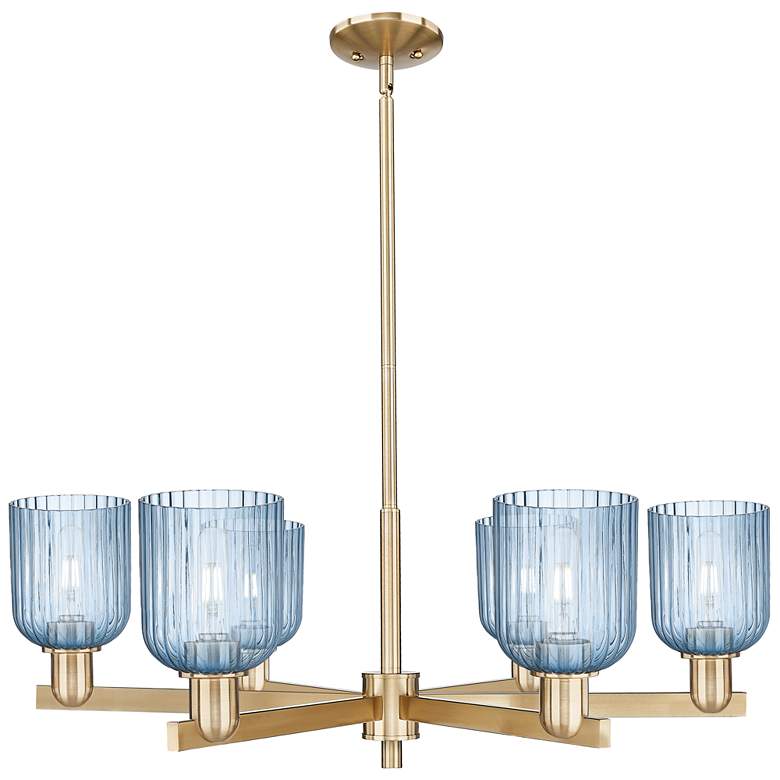Image 1 Bridal Veil 35"W 6 Light Champagne Stem Chandelier With Blue Shade