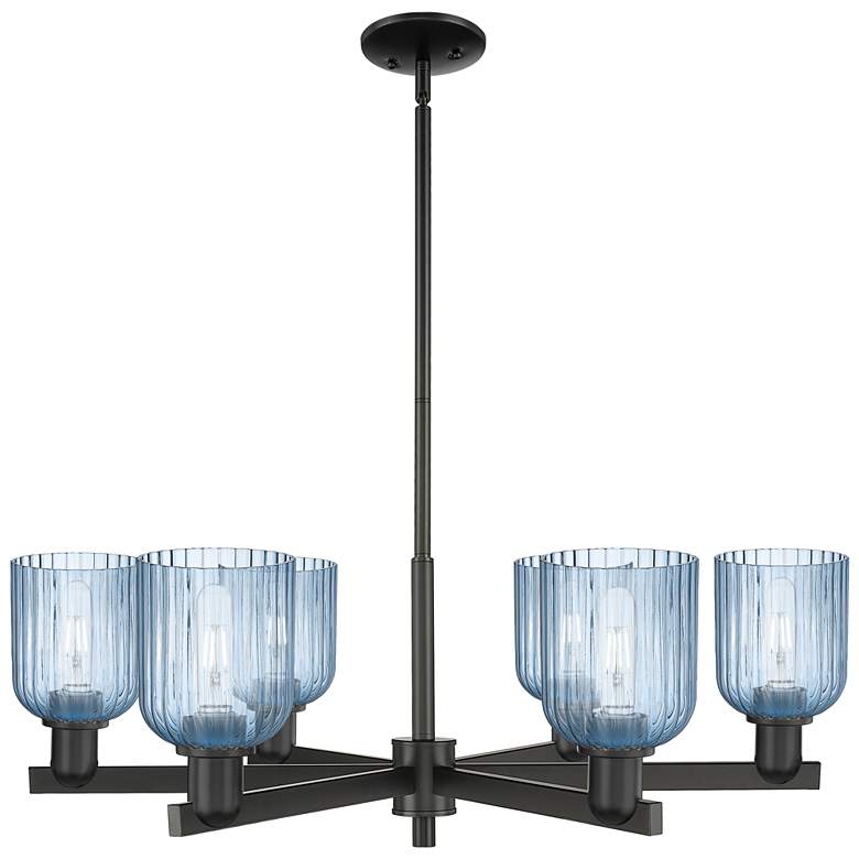 Image 1 Bridal Veil 35"W 6 Light Matte Black Stem Chandelier With Blue Shade
