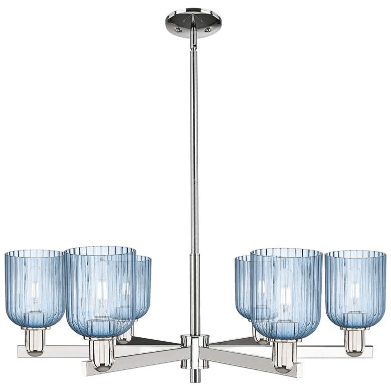 Image 1 Bridal Veil 35"W 6 Light Polished Nickel Stem Chandelier w/ Blue Shade