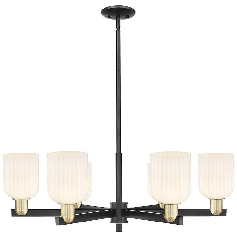 Image 1 Bridal Veil 35"W 6-Lt Black Brass Stem Chandelier w/ Gloss White Shade
