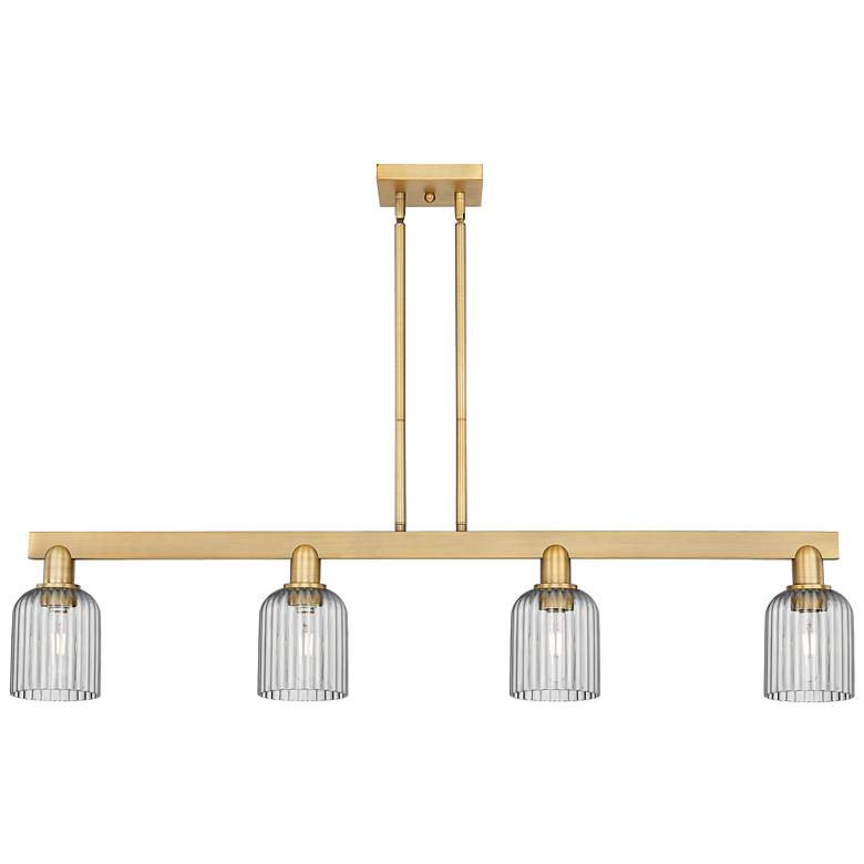 Image 1 Bridal Veil 48"W 4 Light Brass Stem Island Light w/ Smoke Shade