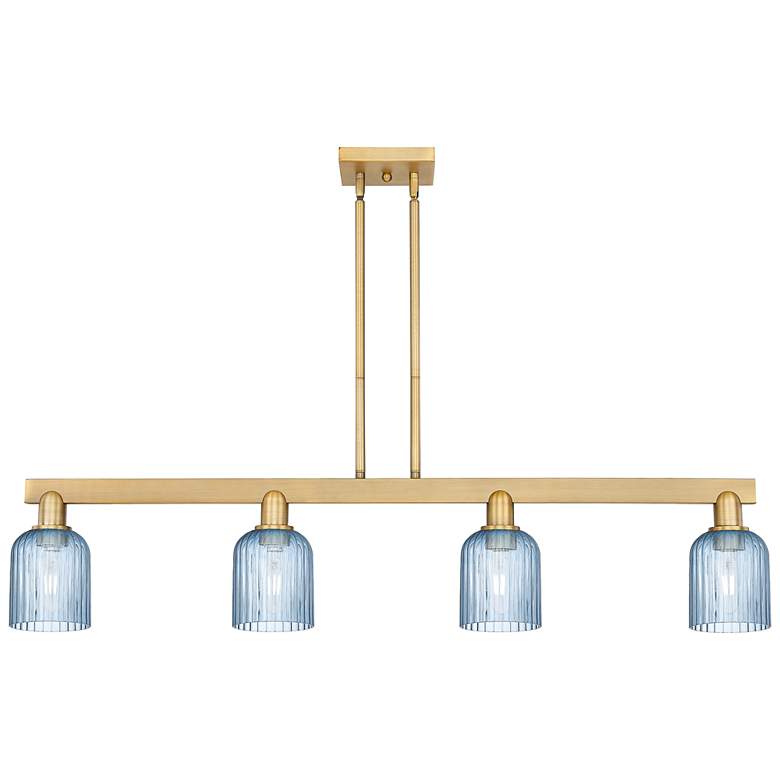 Image 1 Bridal Veil 48"W 4 Light Brushed Brass Stem Island Light w/ Blue Shade