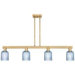 Bridal Veil 48"W 4 Light Brushed Brass Stem Island Light w/ Blue Shade