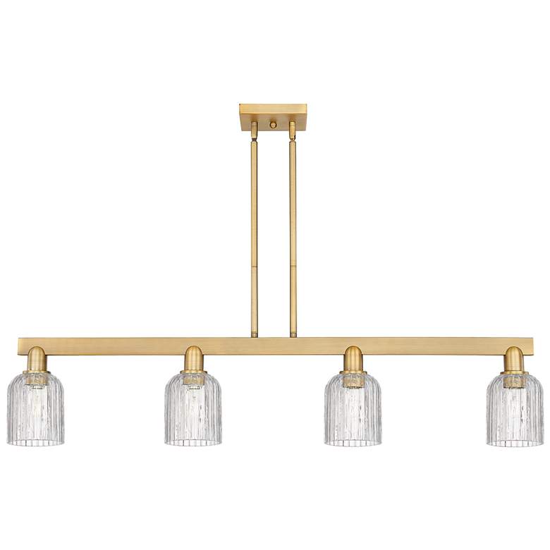 Image 1 Bridal Veil 48"W 4 Light Brushed Brass Stem Island Light w/ Clear Shade