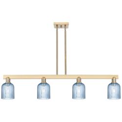 Bridal Veil 48"W 4 Light Champagne Stem Island Light With Blue Shade