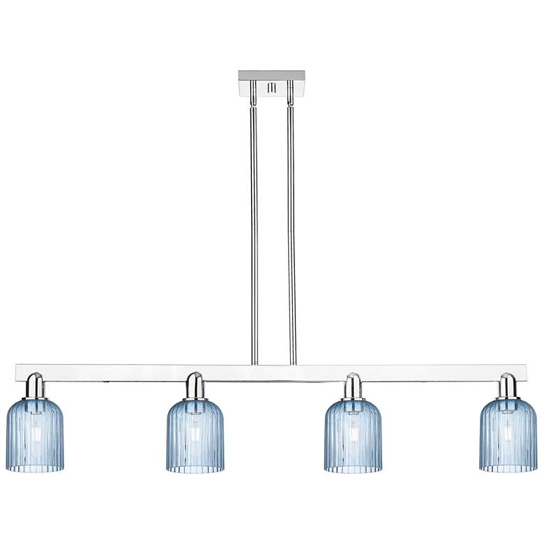 Image 1 Bridal Veil 48"W 4 Light Chrome Stem Island Light With Blue Shade