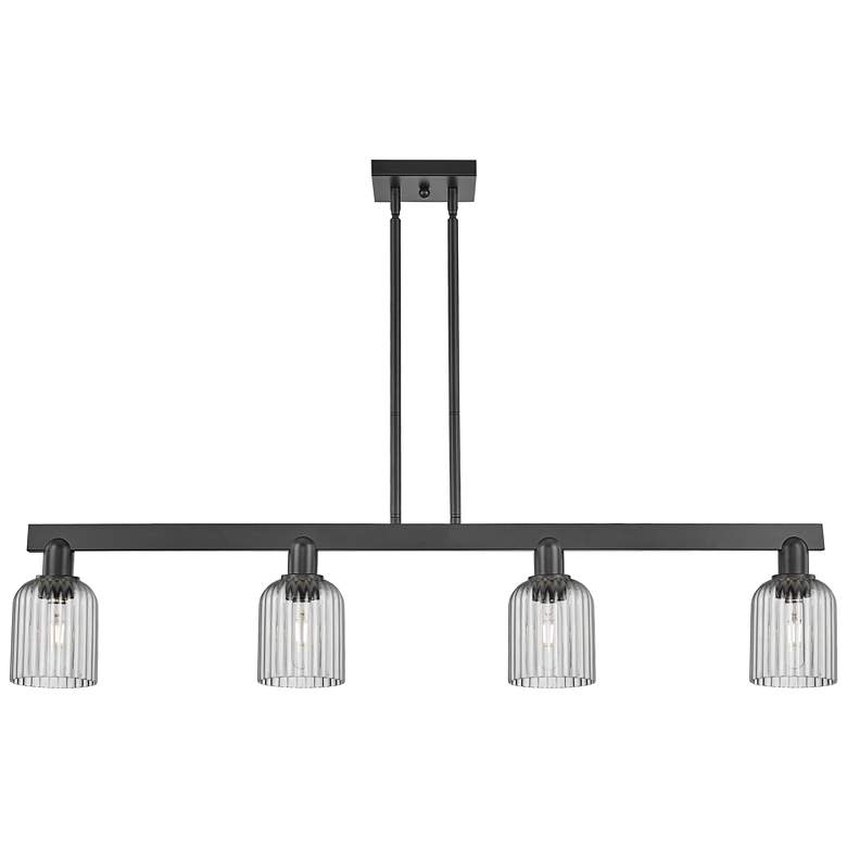Image 1 Bridal Veil 48"W 4 Light Matte Black Stem Island Light w/ Smoke Shade