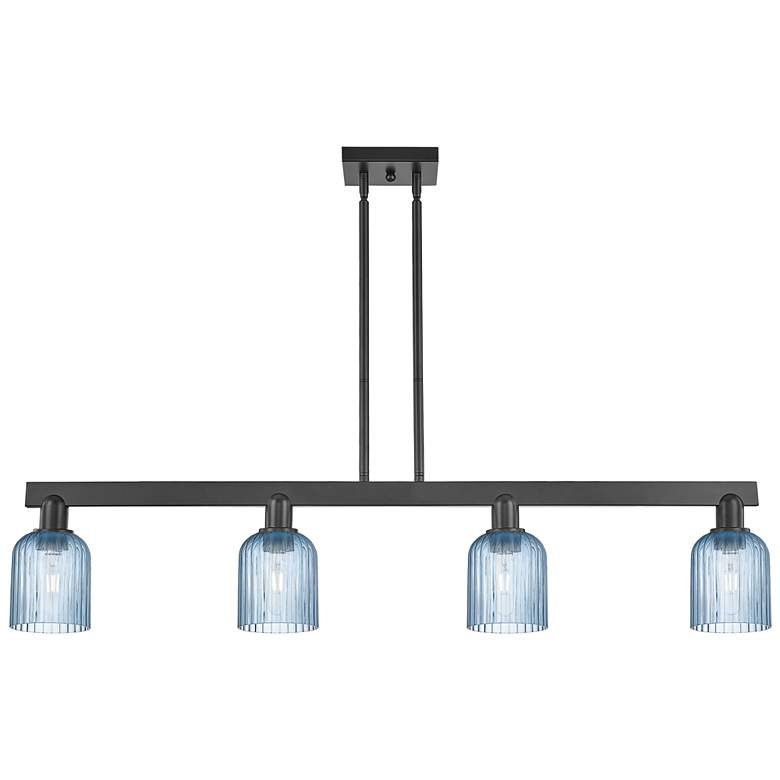 Image 1 Bridal Veil 48"W 4 Light Matte Black Stem Island Light With Blue Shade
