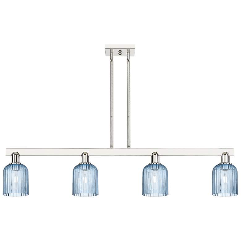 Image 1 Bridal Veil 48"W 4 Light Nickel Stem Island Light w/ Blue Shade