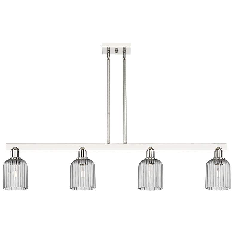 Image 1 Bridal Veil 48"W 4 Light Nickel Stem Island Light w/ Light Smoke Shade