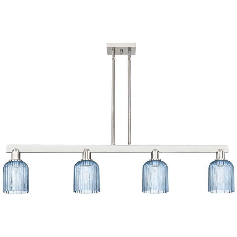 Image 1 Bridal Veil 48"W 4 Light Satin Nickel Stem Island Light w/ Blue Shade