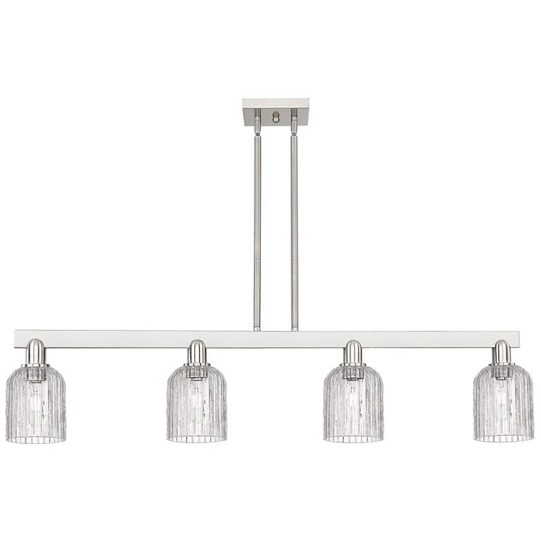 Image 1 Bridal Veil 48"W 4 Light Satin Nickel Stem Island Light w/ Clear Shade