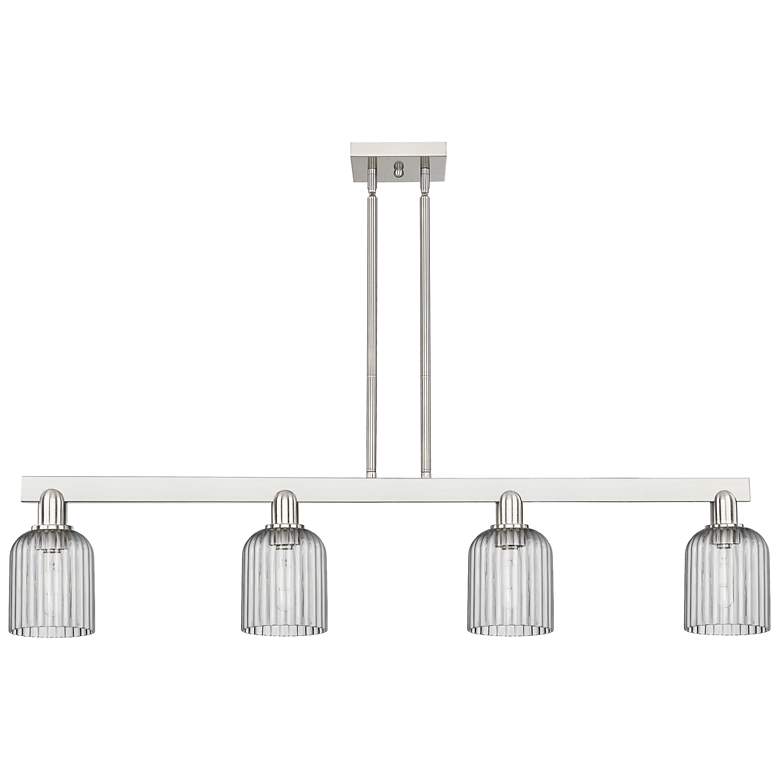 Image 1 Bridal Veil 48"W 4 Light Satin Nickel Stem Island Light w/ Smoke Shade