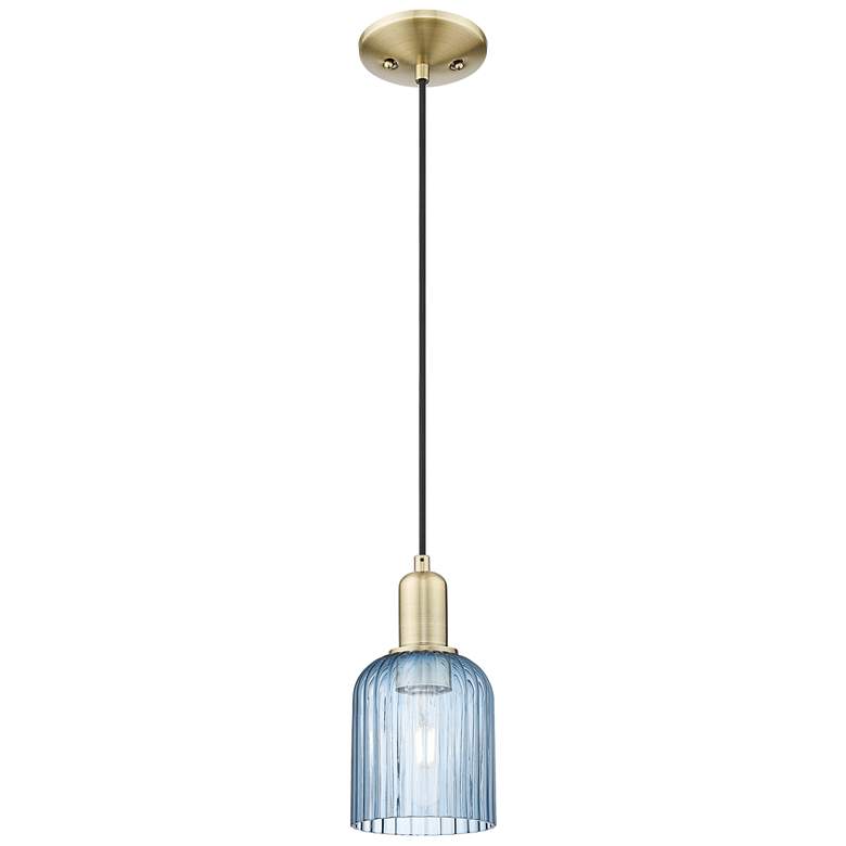 Image 1 Bridal Veil 5"W Antique Brass Cord Hung Mini Pendant With Blue Shade