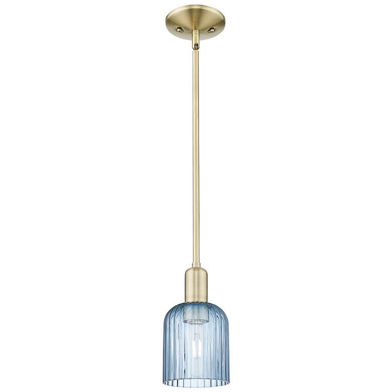 Image 1 Bridal Veil 5"W Antique Brass Stem Hung Mini Pendant With Blue Shade
