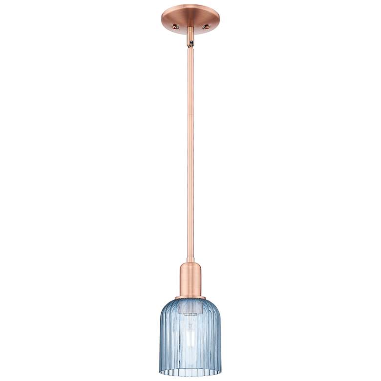 Image 1 Bridal Veil 5"W Antique Copper Stem Hung Mini Pendant With Blue Shade